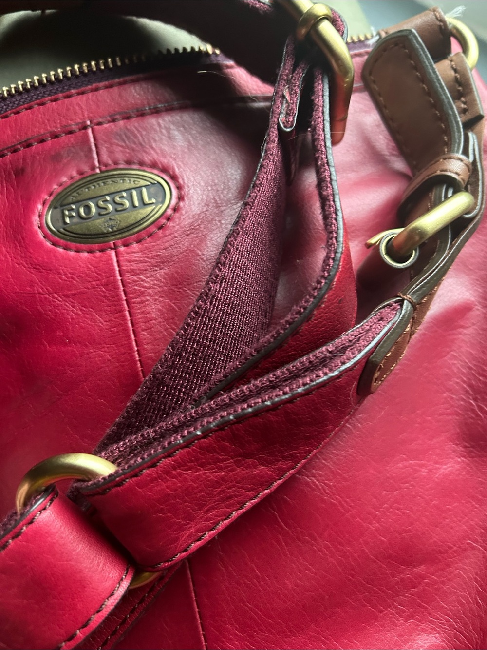 Fossil Red Leather Shoulder Bag with Brass Hardware